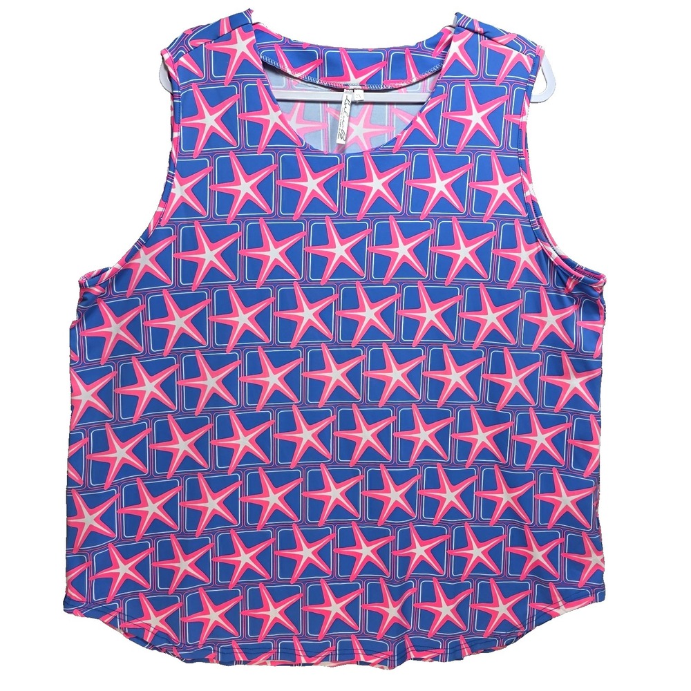 Lulu B Starfish Tank Top Womens 2X UPF 50 Bright Stretch Pink Blue Summer Beach